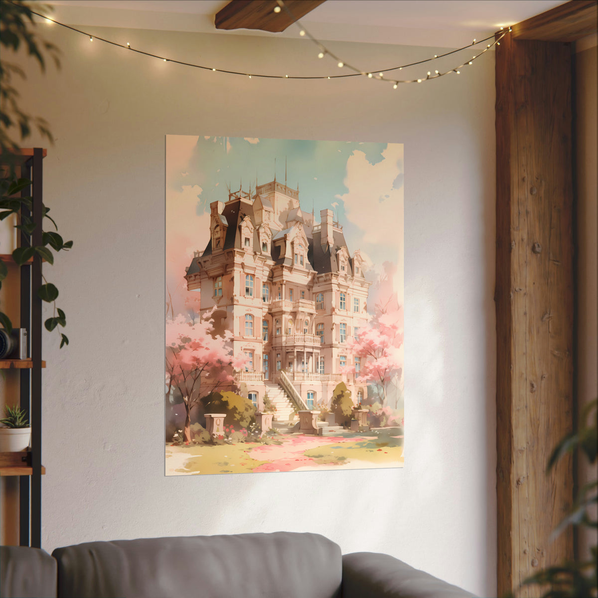 Celestia Manor in Spring - Anime Watercolor Mansion Poster