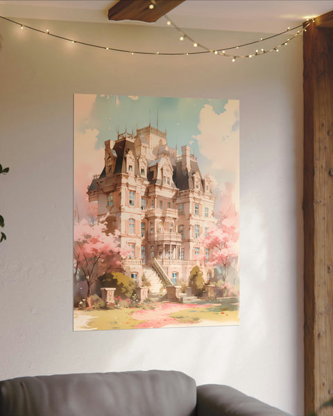 Celestia Manor in Spring - Anime Watercolor Mansion Poster