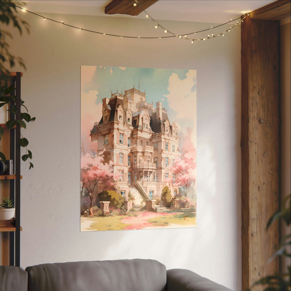 Celestia Manor in Spring - Anime Watercolor Mansion Poster