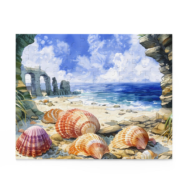 Jigsaw puzzle with a beach scene featuring shells and stone arches. 120 pieces