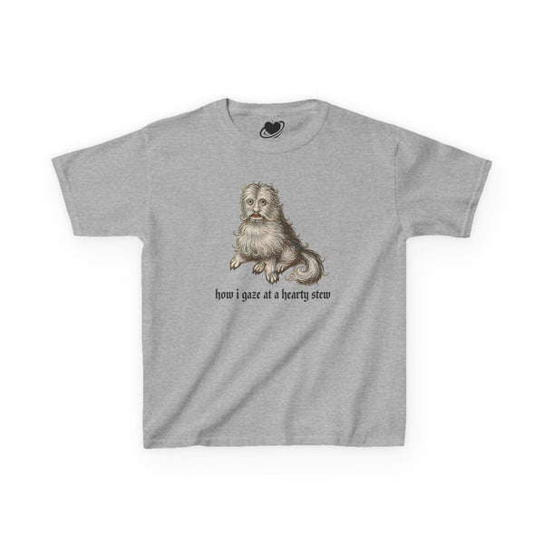 A sport grey baby tee featuring a vintage-style illustration of a medieval dog meme and the text 'how i gaze at a hearty stew' printed on the front.