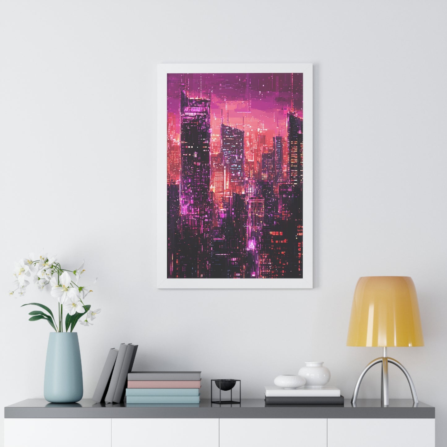 Night Rain - Framed Futuristic City Poster