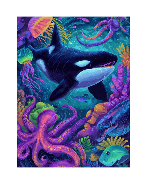 A colorful abstract undersea poster featuring a large orca whale with a vibrant and playful marine scene in the background, including jellyfish and coral.