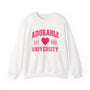 White crewneck sweatshirt with 'ADORABLE UNIVERSITY EST 2023' printed in pink on the front.