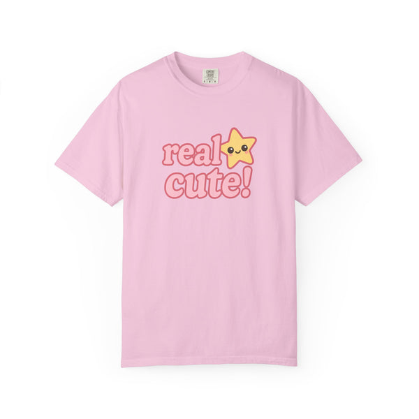 Pink t-shirt with 'real cute!' text and a star graphic on a white background