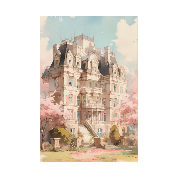 Celestia Manor in Spring - Anime Watercolor Mansion Poster