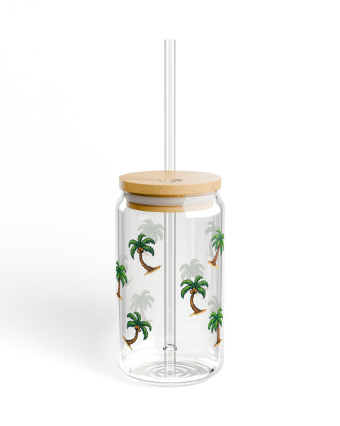 Palm Paradise - Cute Glass Cup With Lid and Straw