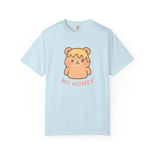 Light blue t-shirt with a cartoon bear and 'My Honey' text on a white background
