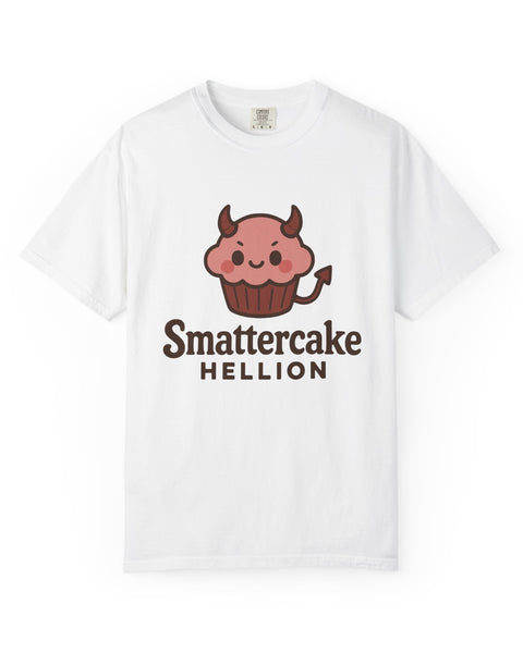 White t-shirt with a cartoon cupcake graphic and text on a white background