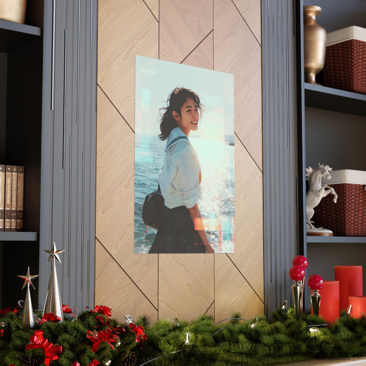 poster of a japanese schoolgirl smiling with a sparkling sea background placed on geometric wall