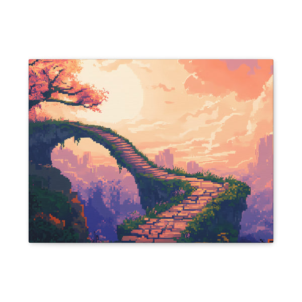 A canvas print featuring a vibrant anime pixel art depiction of a winding road with a tree and a cityscape in the background.