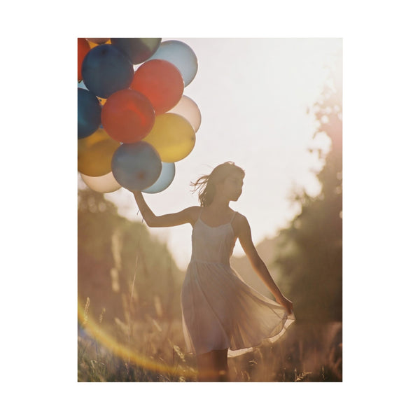 whimsical photography poster of a young woman holding colorful balloons in a field with a warm glow