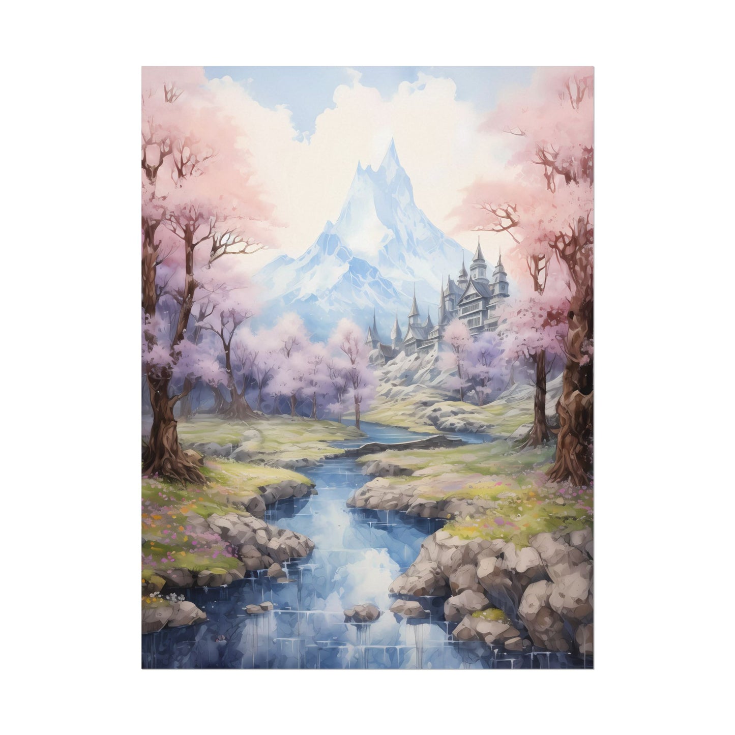 Ryokura Temple - Watercolor Spring Poster With Cherry Blossoms