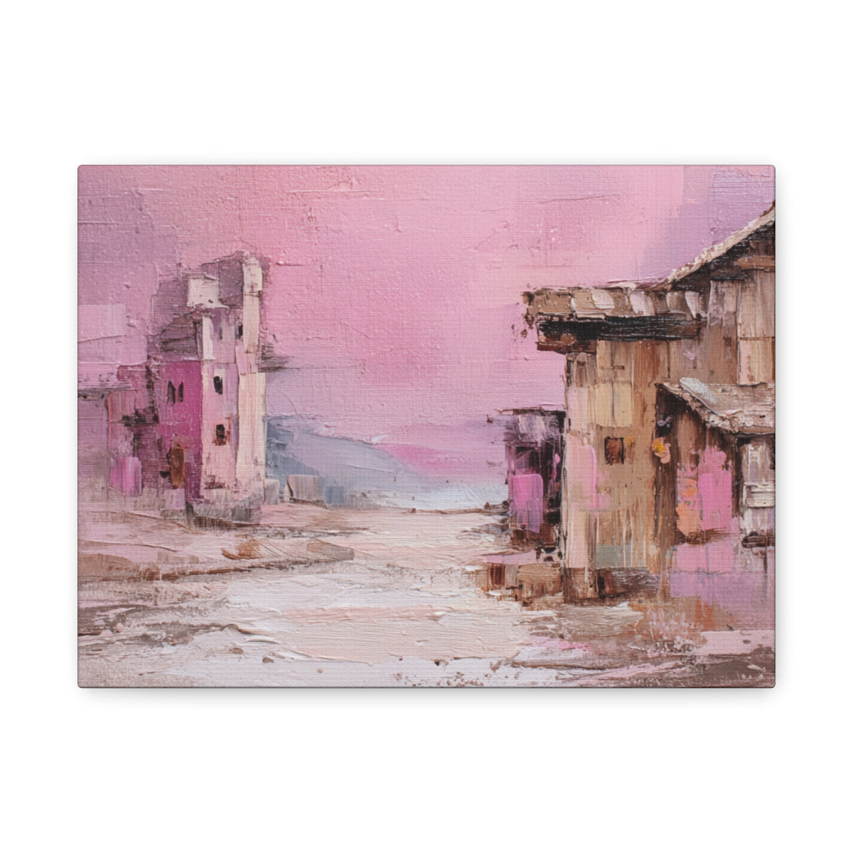 Abstract canvas wall art painting of a village scene with pink and brown tones on a white background