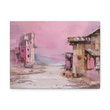 Abstract canvas wall art painting of a village scene with pink and brown tones on a white background
