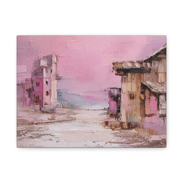 Abstract canvas wall art painting of a village scene with pink and brown tones on a white background