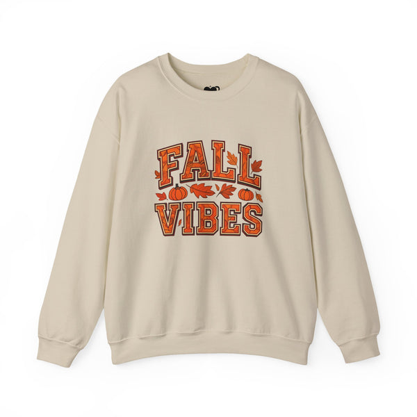 Beige sweatshirt with 'Fall Vibes' text and autumn-themed graphics on a white background