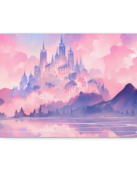 A canvas print featuring original pastel fantasy artwork of a mystical city with castle-like structures amidst a scenic landscape with mountains and a body of water.
