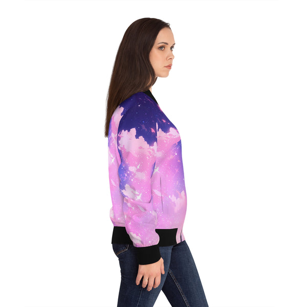 Woman wearing a colorful bomber jacket with a pink and purple design on a white background