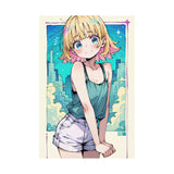 Anime-style character poster with blonde pink hair and blue tank top against a cityscape background