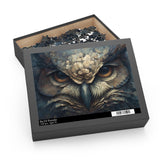 Jigsaw puzzle box with an owl design on a white background