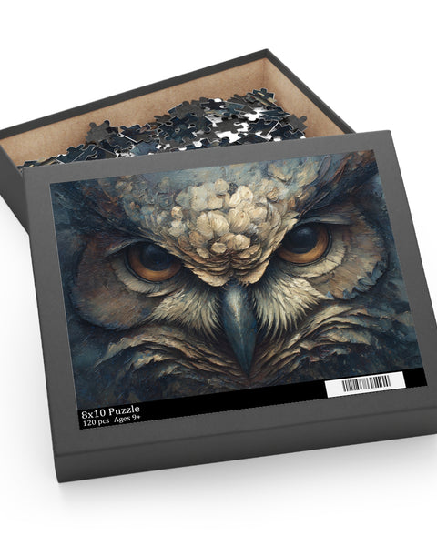 Jigsaw puzzle box with an owl design on a white background