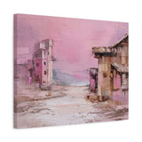 Abstract painting of a village scene with pink and brown tones on a white background