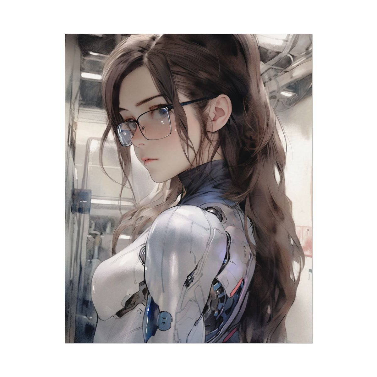 Anime poster of a woman with long hair and glasses wearing a futuristic outfit in an indoor setting
