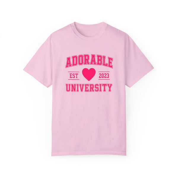 Pink crew neck t-shirt with the text 'ADORABLE UNIVERSITY EST 2023' printed in red, heart symbol replacing the year.
