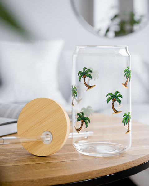 Palm Paradise - Cute Glass Cup With Lid and Straw