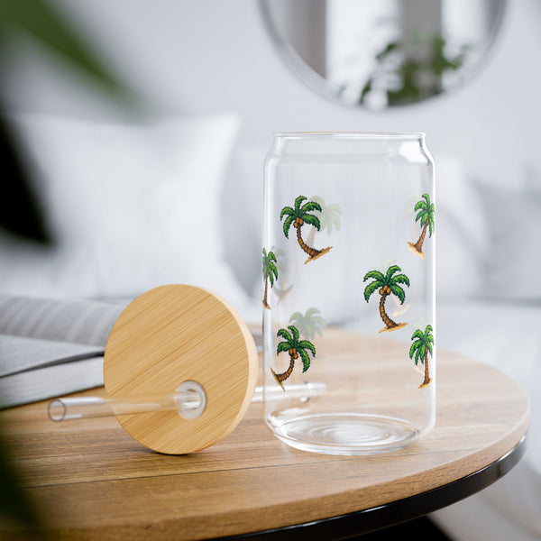 Palm Paradise - Cute Glass Cup With Lid and Straw