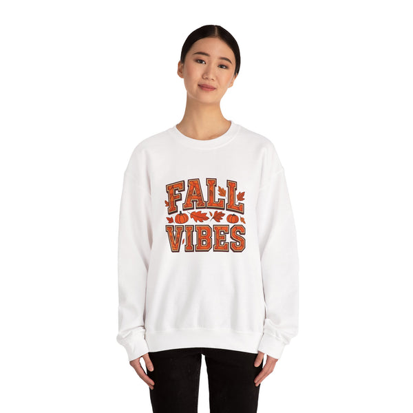 Asian woman wearing a white sweatshirt with 'Fall Vibes' text on a white background