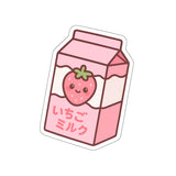 Anime-style strawberry milk carton sticker with a cute strawberry on a white background