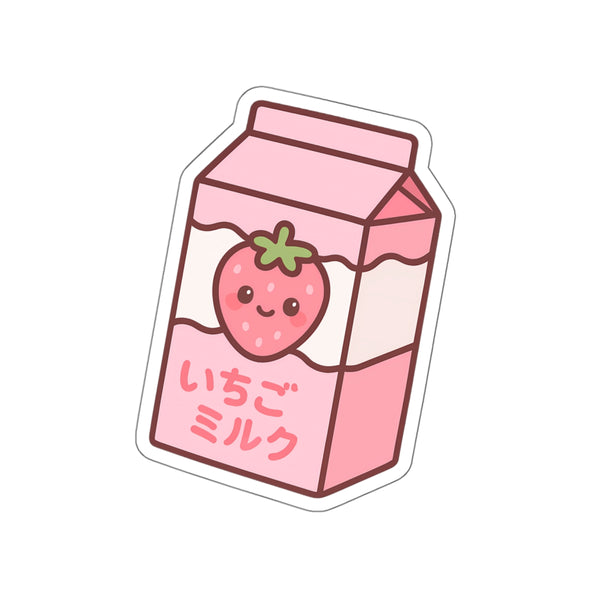 Anime-style strawberry milk carton sticker with a cute strawberry on a white background
