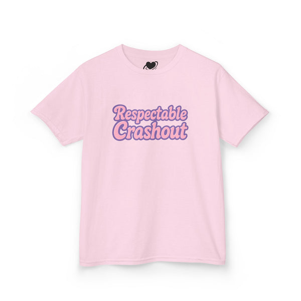 Pink t-shirt with 'Respectable Crashout' text on a white background