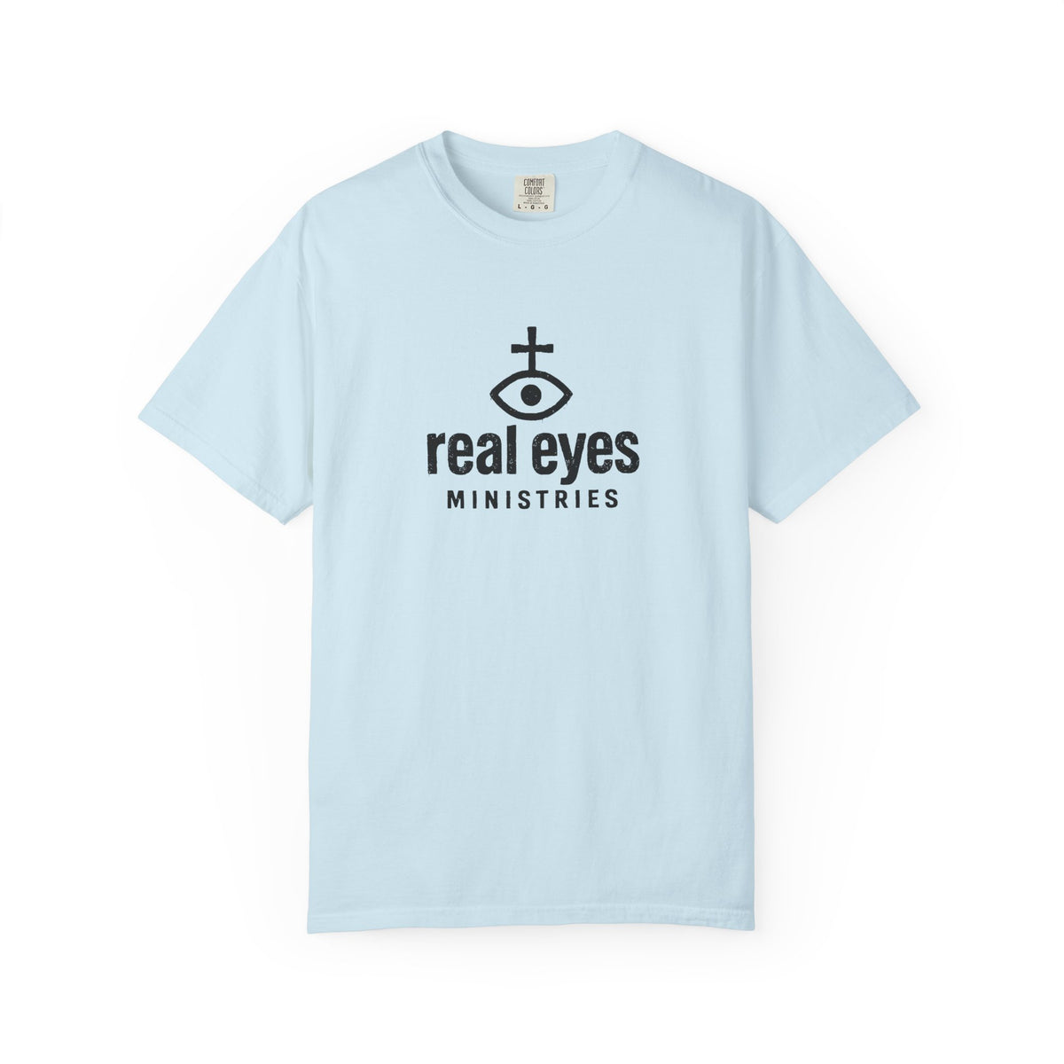 Light blue t-shirt with 'real eyes ministries' logo on a white background