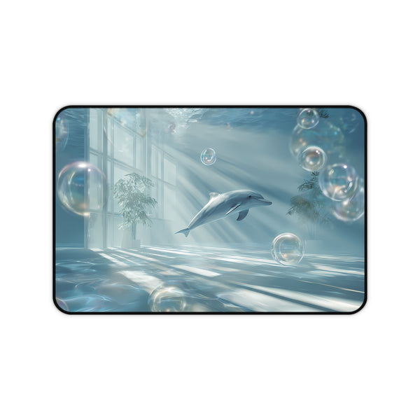 Desk mat featuring a dolphin swimming in a futuristic indoor setting with light beams and bubbles