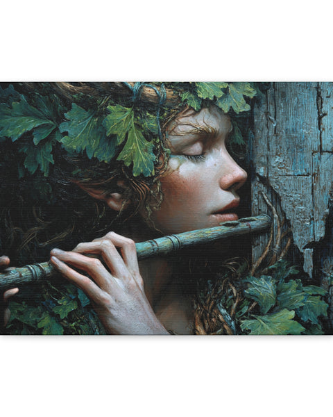 Canvas print of nymph's face peeking through foliage with a flute, surrounded by greenery.