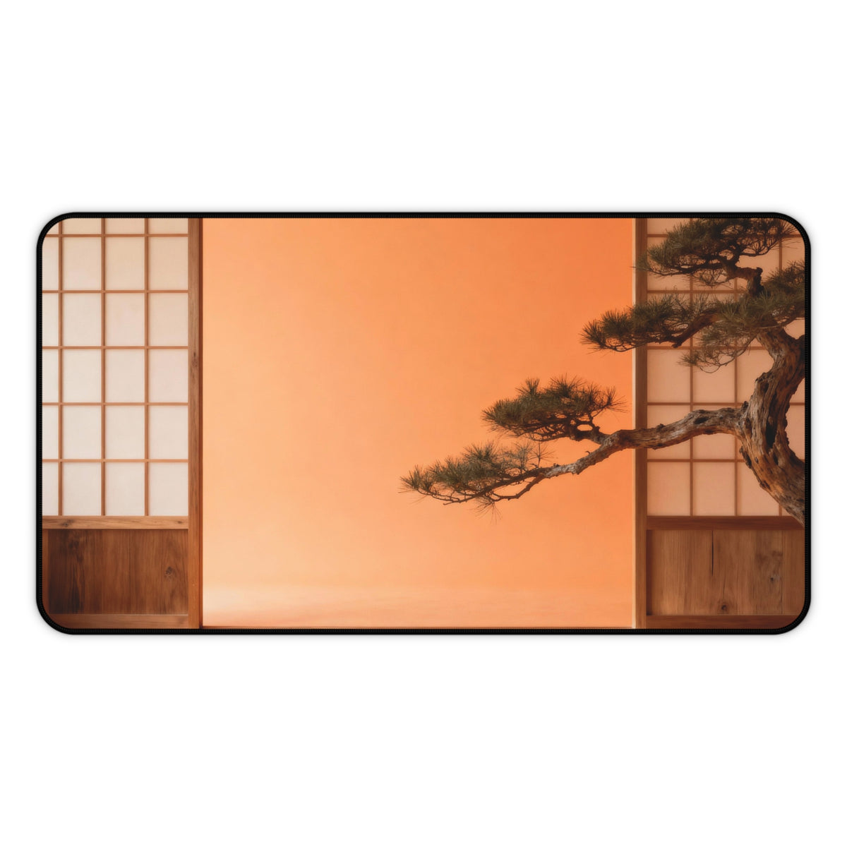 Large desk mat with a surreal landscape with a bonsai tree against an orange sky and Japanese wooden panels.