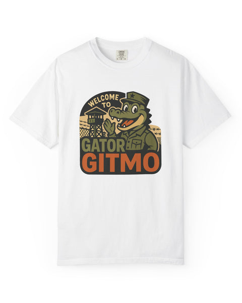 White Gator GITMO t-shirt with a graphic of a gator and text on a white background