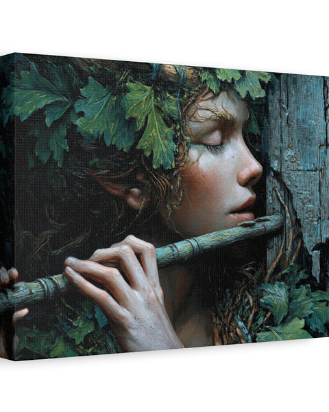 Canvas print of nymph's face peeking through foliage with a flute, surrounded by greenery.