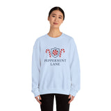 Light blue sweatshirt with 'Peppermint Lane' design worn by a person on a white background