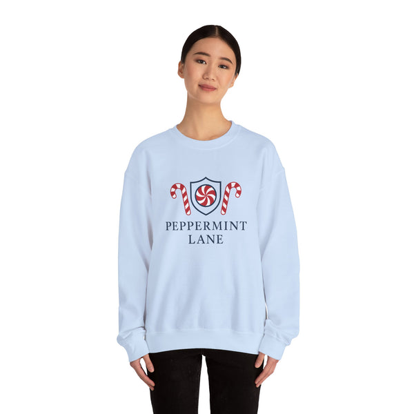 Light blue sweatshirt with 'Peppermint Lane' design worn by a person on a white background