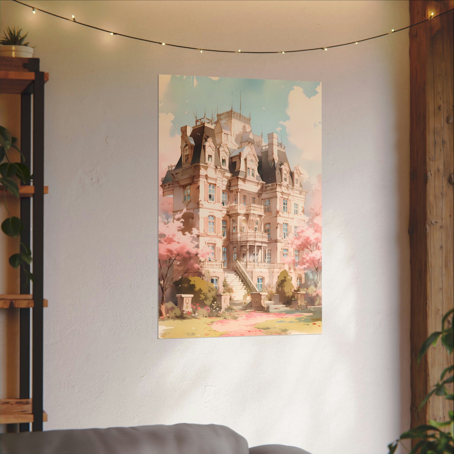 Celestia Manor in Spring - Anime Watercolor Mansion Poster