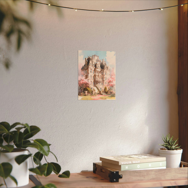 Celestia Manor in Spring - Anime Watercolor Mansion Poster