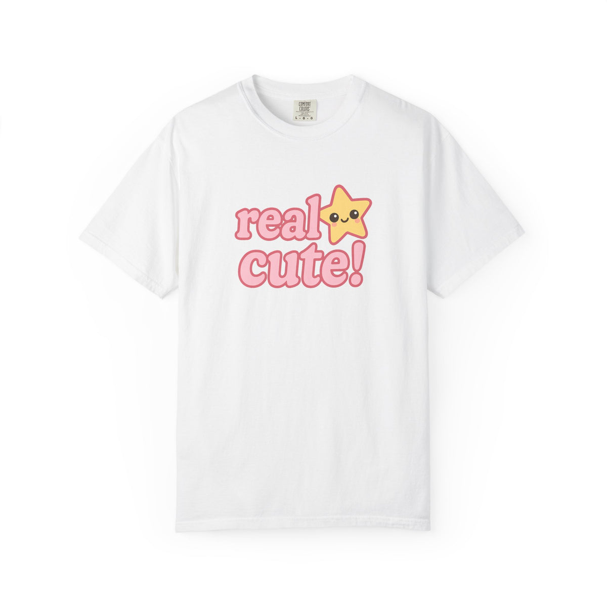 White t-shirt with 'real cute!' text and a star graphic on a white background