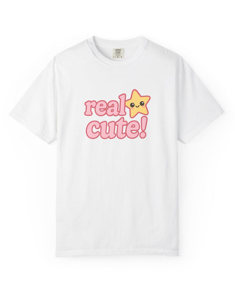 White t-shirt with 'real cute!' text and a star graphic on a white background