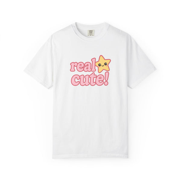White t-shirt with 'real cute!' text and a star graphic on a white background