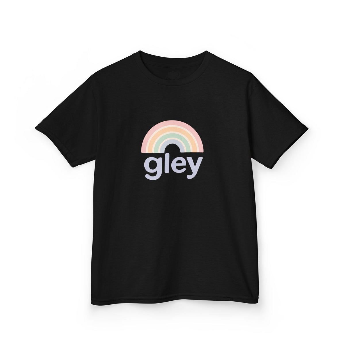 Black t-shirt with a rainbow and 'gley' text design on a white background