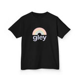 Black t-shirt with a rainbow and 'gley' text design on a white background
